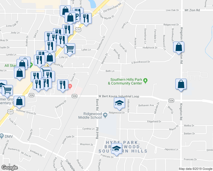 map of restaurants, bars, coffee shops, grocery stores, and more near 2050 West Bert Kouns Industrial Loop in Shreveport