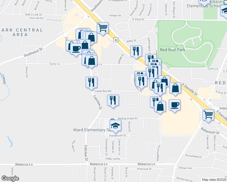 map of restaurants, bars, coffee shops, grocery stores, and more near 3550 Cedar Run Road in Abilene