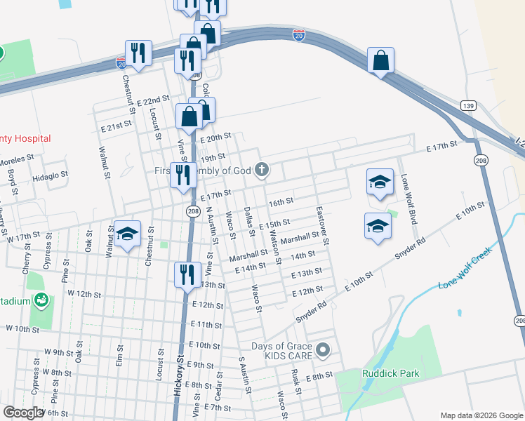 map of restaurants, bars, coffee shops, grocery stores, and more near 1500-1598 Dallas Street in Colorado City
