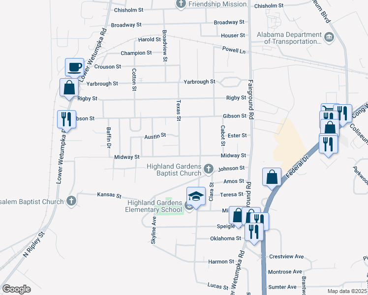 map of restaurants, bars, coffee shops, grocery stores, and more near 3022 Texas St in Montgomery