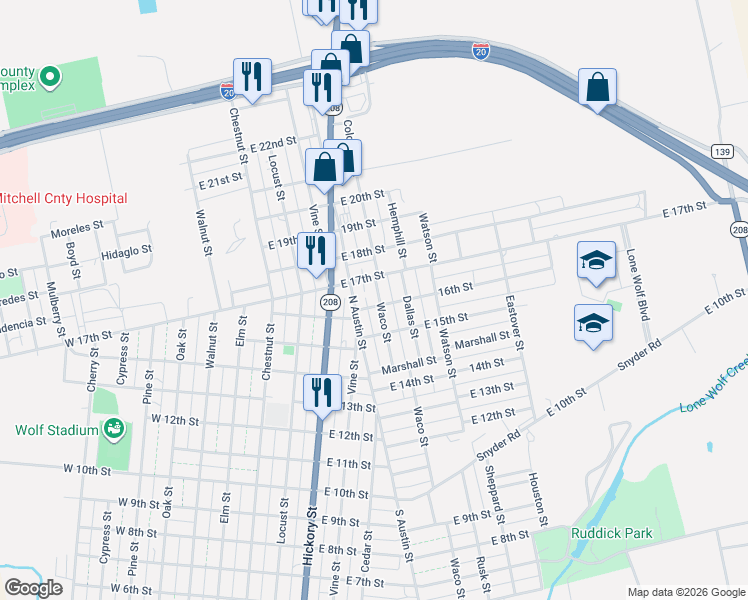 map of restaurants, bars, coffee shops, grocery stores, and more near 1543 Waco Street in Colorado City