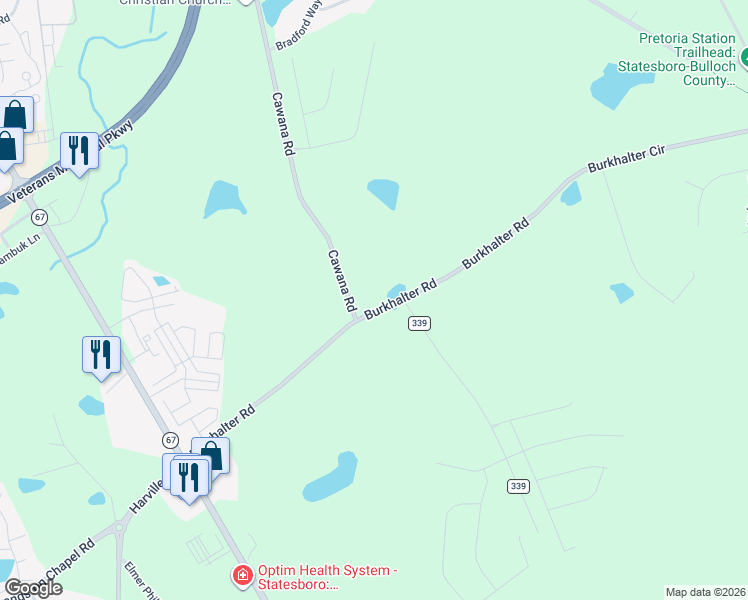 map of restaurants, bars, coffee shops, grocery stores, and more near 6979 Burkhalter Road in Statesboro