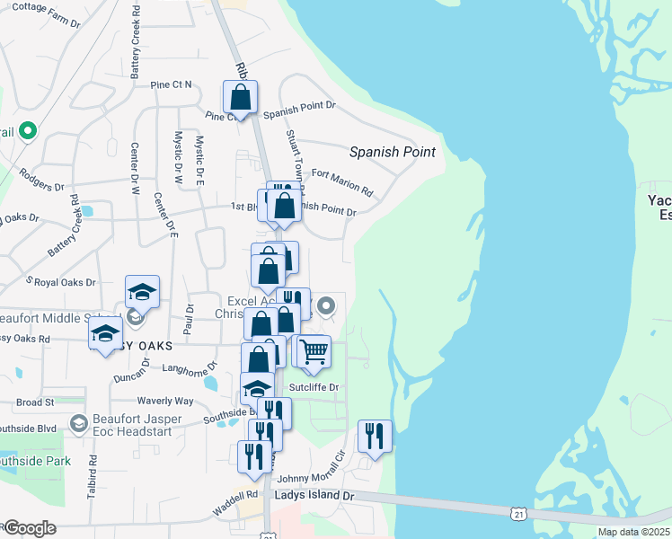 map of restaurants, bars, coffee shops, grocery stores, and more near 916 Oyster Cove Road in Beaufort
