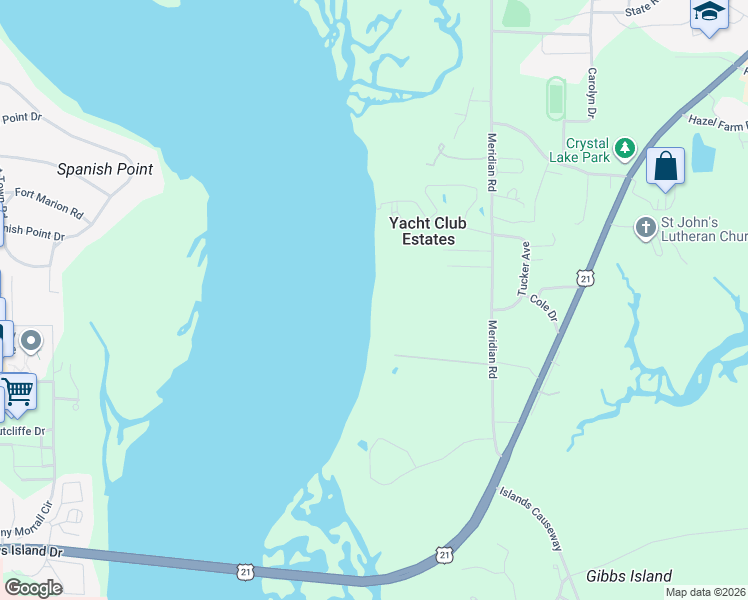 map of restaurants, bars, coffee shops, grocery stores, and more near 152 Meridian Road in Beaufort