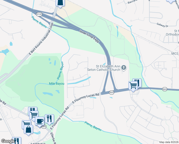 map of restaurants, bars, coffee shops, grocery stores, and more near 9385 Prestonwood Drive in Shreveport