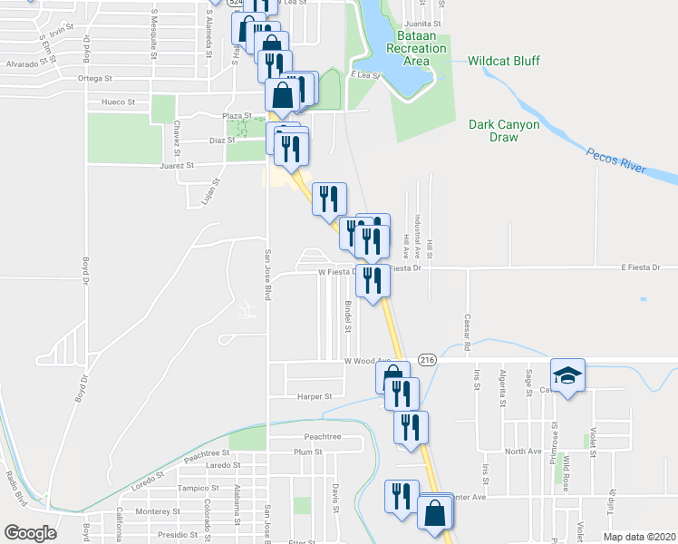 map of restaurants, bars, coffee shops, grocery stores, and more near 243 West Fiesta Drive in Carlsbad