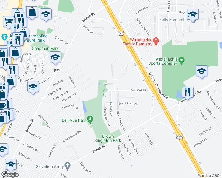 map of restaurants, bars, coffee shops, grocery stores, and more near 93 Post Oak Drive in Waxahachie