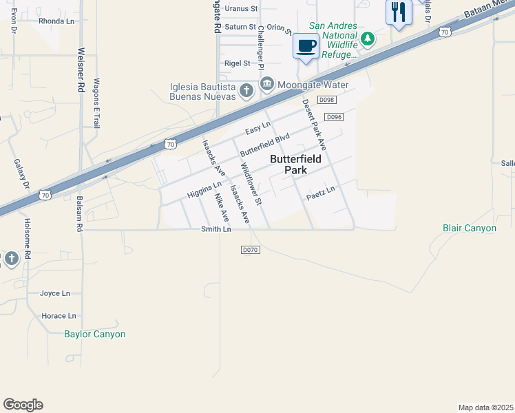 map of restaurants, bars, coffee shops, grocery stores, and more near 5153 Wildflower Street in Las Cruces