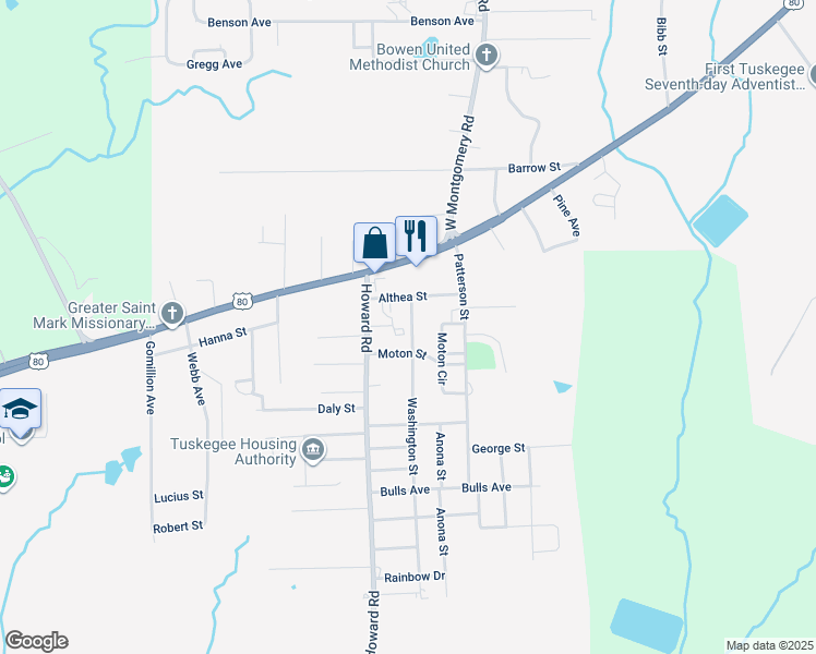 map of restaurants, bars, coffee shops, grocery stores, and more near 2804 Moton Street in Tuskegee