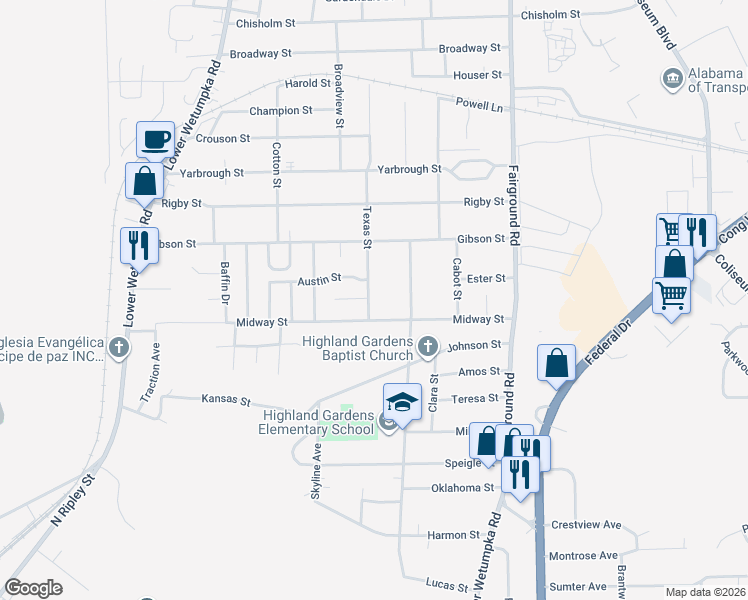 map of restaurants, bars, coffee shops, grocery stores, and more near 3000-3022 Texas Street in Montgomery