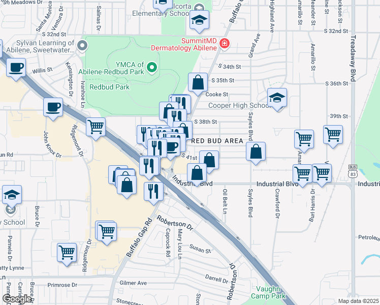 map of restaurants, bars, coffee shops, grocery stores, and more near 4141 Buffalo Gap Road in Abilene