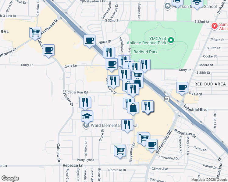 map of restaurants, bars, coffee shops, grocery stores, and more near 4001 John Knox Drive in Abilene
