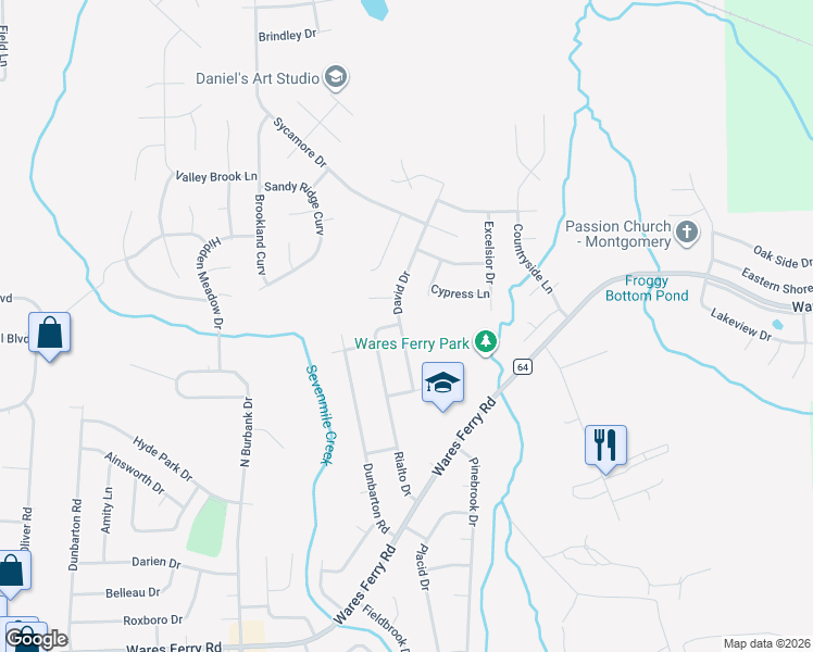 map of restaurants, bars, coffee shops, grocery stores, and more near 928 David Drive in Montgomery