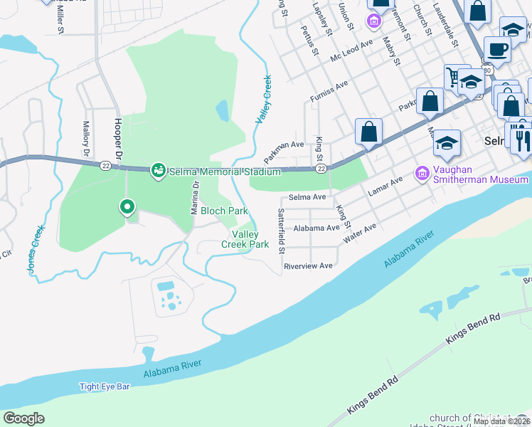 map of restaurants, bars, coffee shops, grocery stores, and more near 79-97 Satterfield St in Selma
