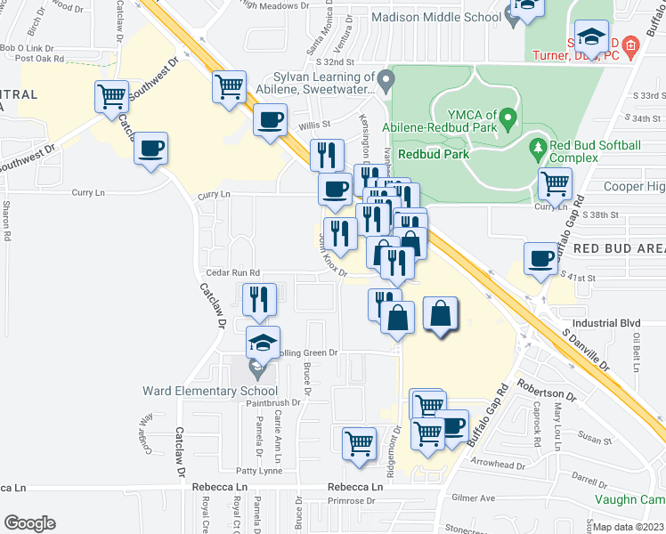 map of restaurants, bars, coffee shops, grocery stores, and more near 3698 Cedar Run Road in Abilene