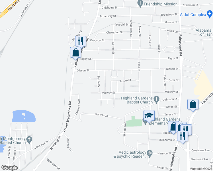 map of restaurants, bars, coffee shops, grocery stores, and more near 3018 George B Edmondson Drive in Montgomery