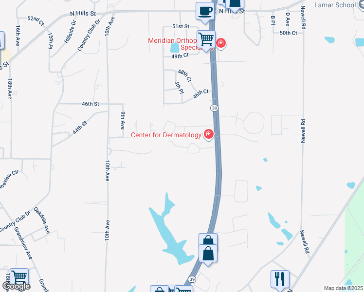 map of restaurants, bars, coffee shops, grocery stores, and more near 4315 Mississippi 39 in Meridian