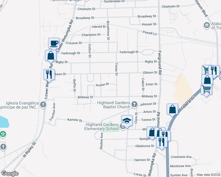map of restaurants, bars, coffee shops, grocery stores, and more near 1811 Austin Street in Montgomery