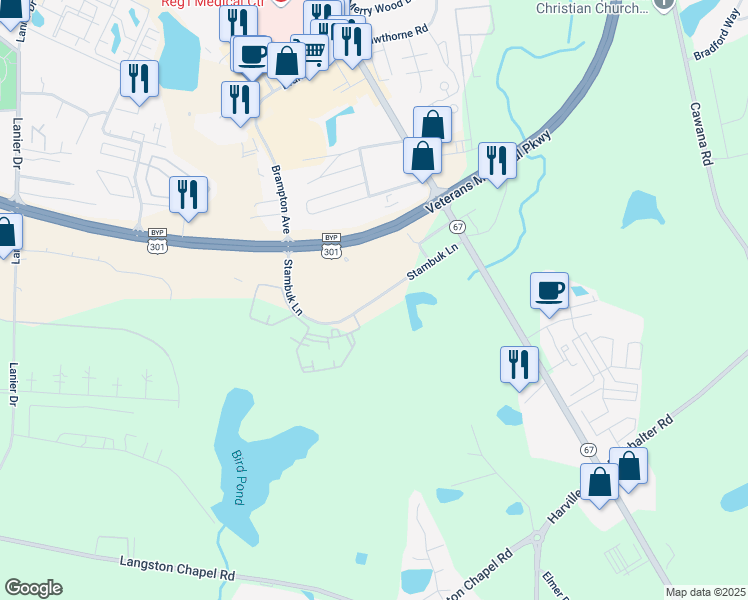 map of restaurants, bars, coffee shops, grocery stores, and more near Stambuk Lane in Statesboro