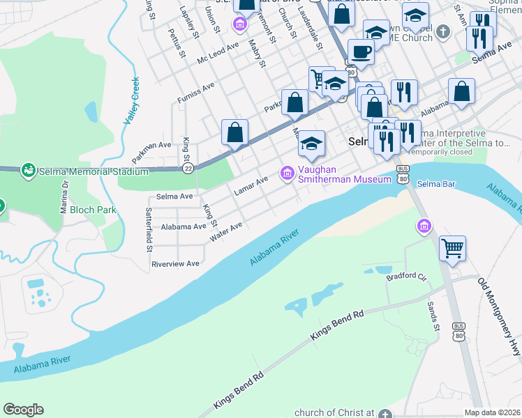 map of restaurants, bars, coffee shops, grocery stores, and more near 506 Alabama Avenue in Selma
