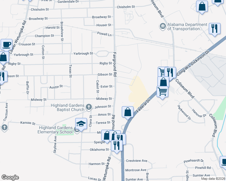 map of restaurants, bars, coffee shops, grocery stores, and more near 2137-2199 Ester St in Montgomery