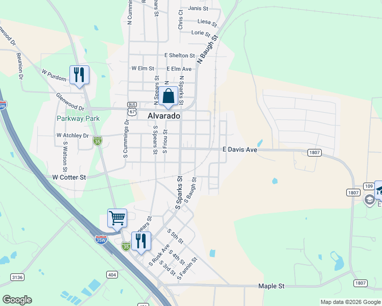 map of restaurants, bars, coffee shops, grocery stores, and more near 401 East Davis Avenue in Alvarado