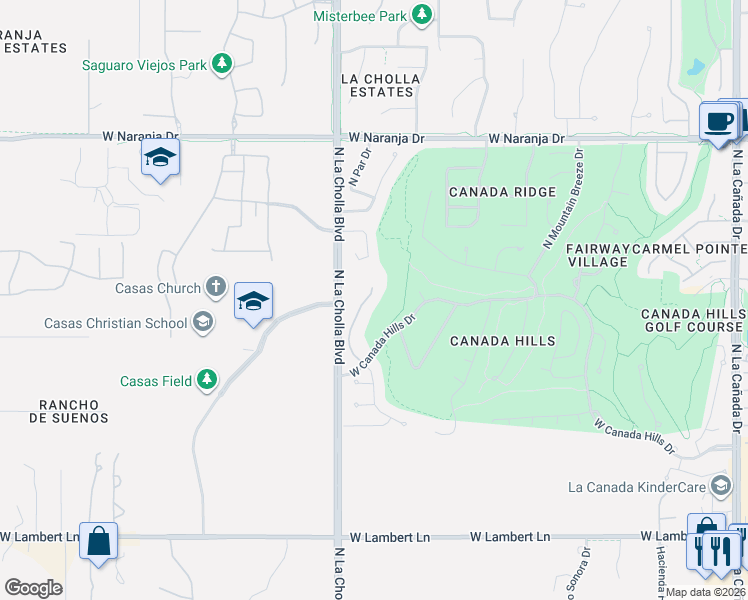 map of restaurants, bars, coffee shops, grocery stores, and more near 10883 North Sand Canyon Place in Oro Valley