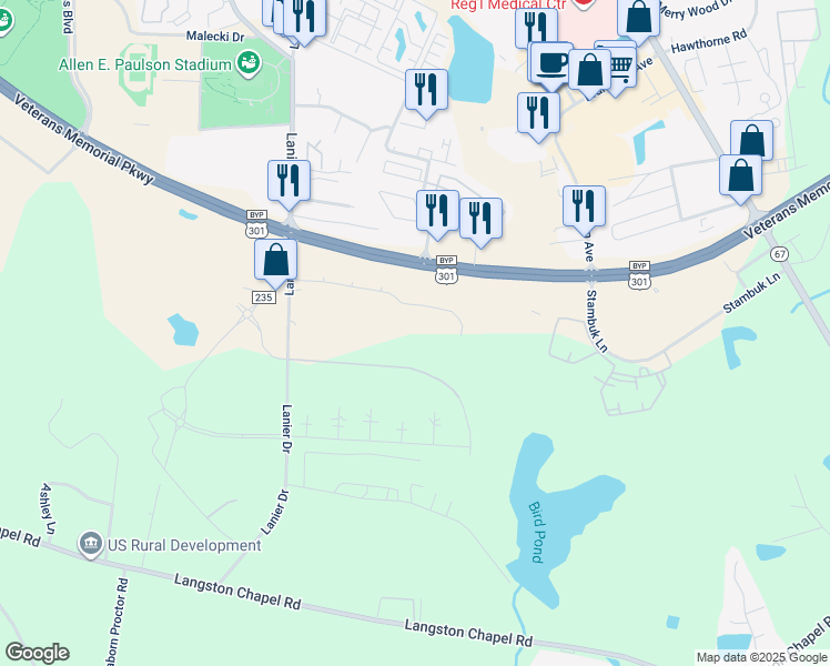 map of restaurants, bars, coffee shops, grocery stores, and more near 184 Park Avenue in Statesboro
