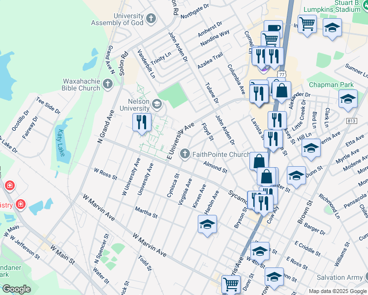 map of restaurants, bars, coffee shops, grocery stores, and more near 429 Cynisca Street in Waxahachie