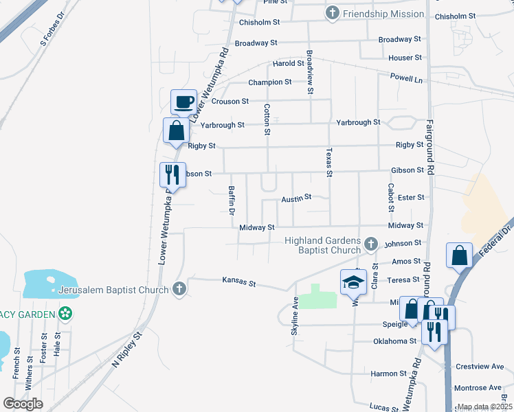map of restaurants, bars, coffee shops, grocery stores, and more near 1820 Cotton Court in Montgomery