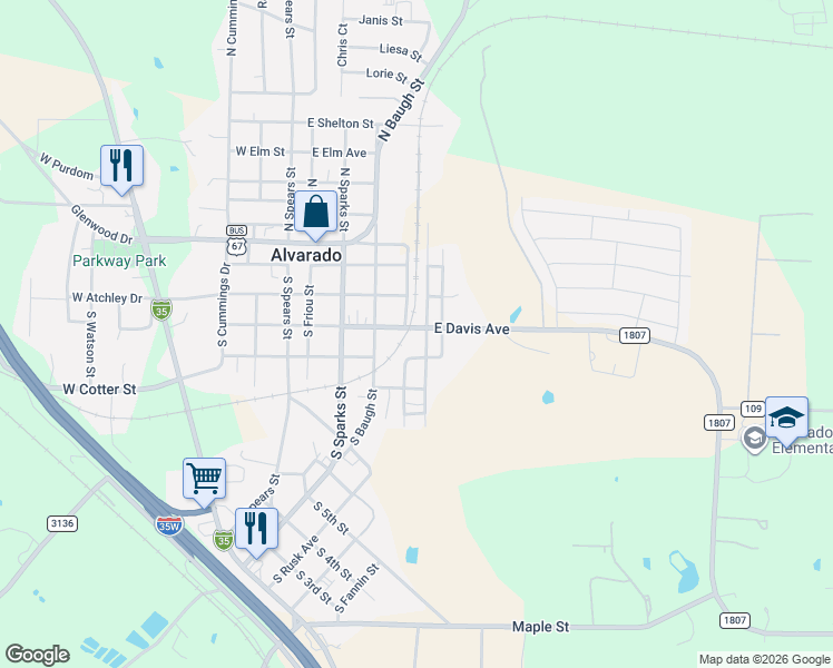 map of restaurants, bars, coffee shops, grocery stores, and more near 504 East Davis Avenue in Alvarado