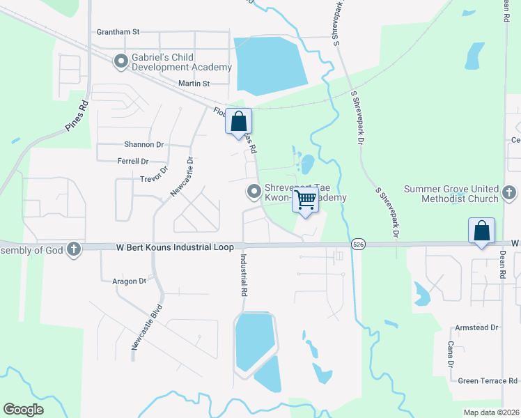 map of restaurants, bars, coffee shops, grocery stores, and more near 9103 Industrial Road in Shreveport