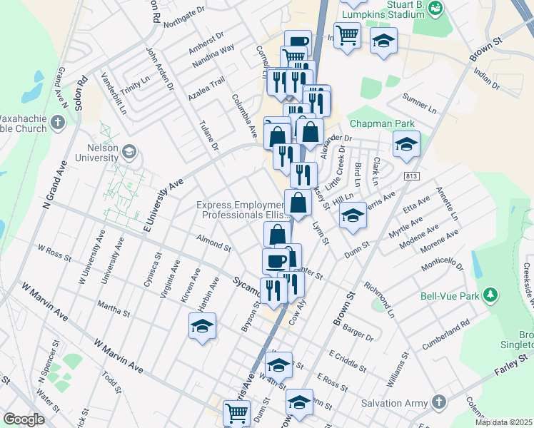 map of restaurants, bars, coffee shops, grocery stores, and more near 199 Overhill Drive in Waxahachie