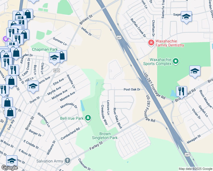 map of restaurants, bars, coffee shops, grocery stores, and more near 97 Elmwood Trail in Waxahachie