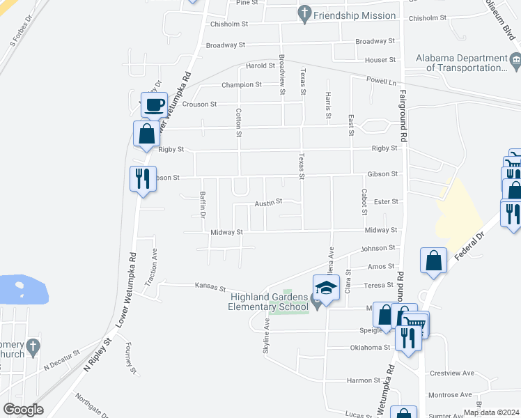 map of restaurants, bars, coffee shops, grocery stores, and more near 3023 Barksdale Street in Montgomery