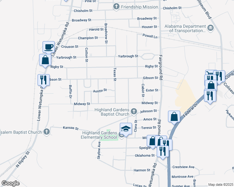 map of restaurants, bars, coffee shops, grocery stores, and more near 3036 Texas Street in Montgomery