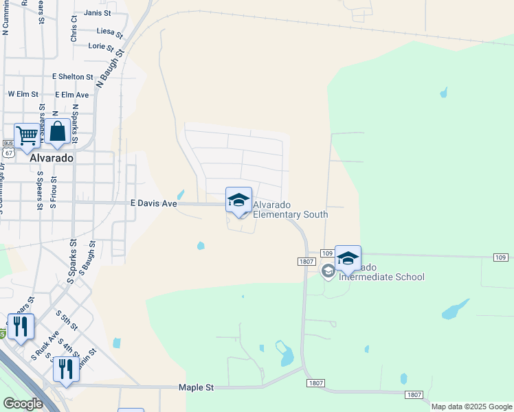 map of restaurants, bars, coffee shops, grocery stores, and more near 1101 Raptor Road in Alvarado