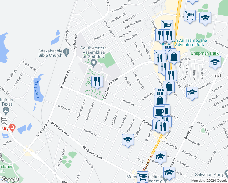 map of restaurants, bars, coffee shops, grocery stores, and more near 429 Cynisca Street in Waxahachie