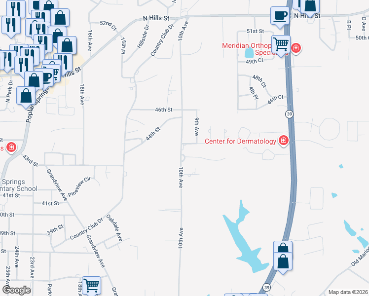 map of restaurants, bars, coffee shops, grocery stores, and more near 900 45th Street in Meridian