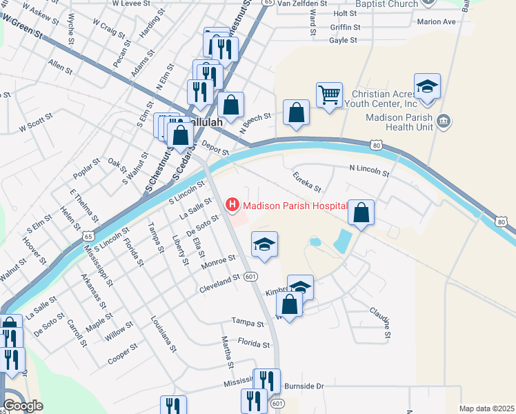 map of restaurants, bars, coffee shops, grocery stores, and more near 100-198 Fuqua St in Tallulah