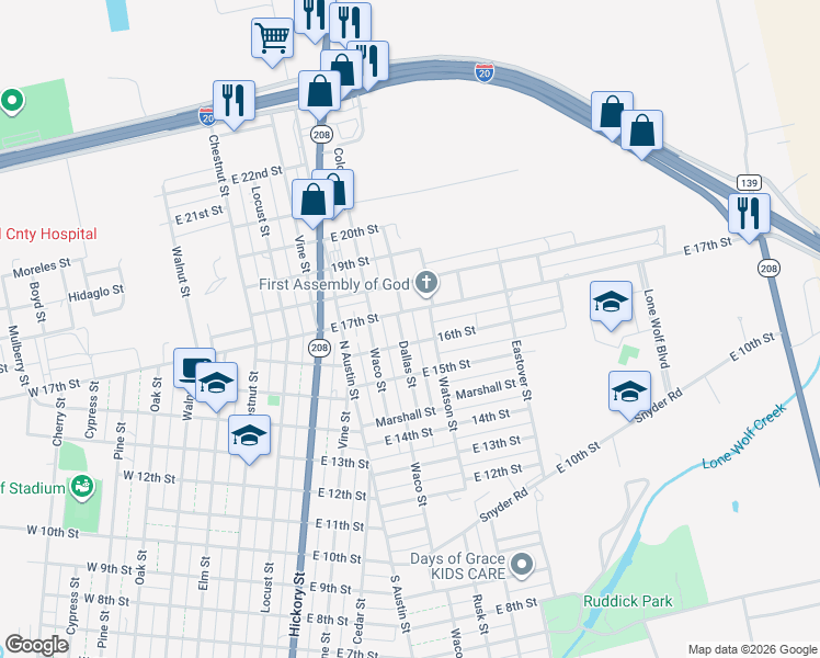map of restaurants, bars, coffee shops, grocery stores, and more near 800-808 East 17th Street in Colorado City