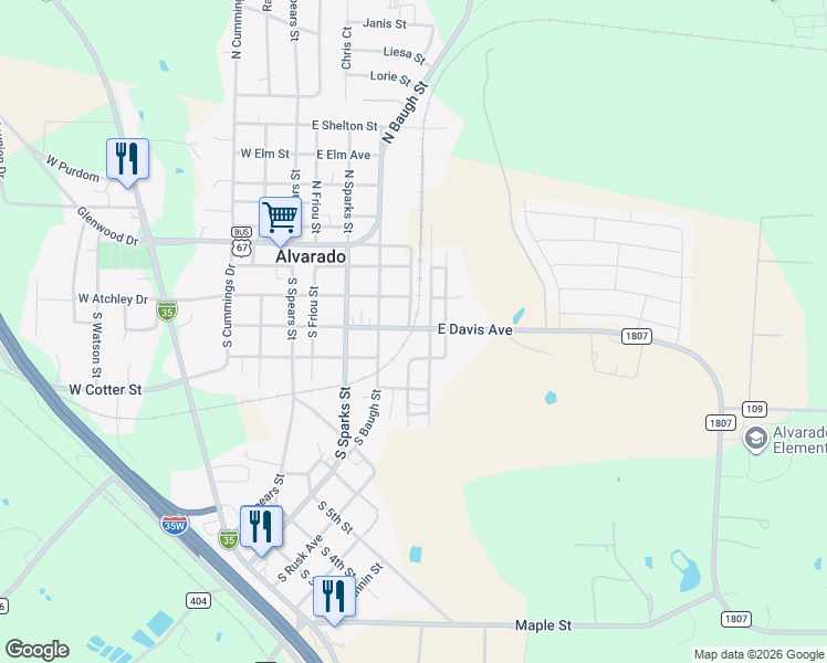 map of restaurants, bars, coffee shops, grocery stores, and more near 504 East Davis Avenue in Alvarado