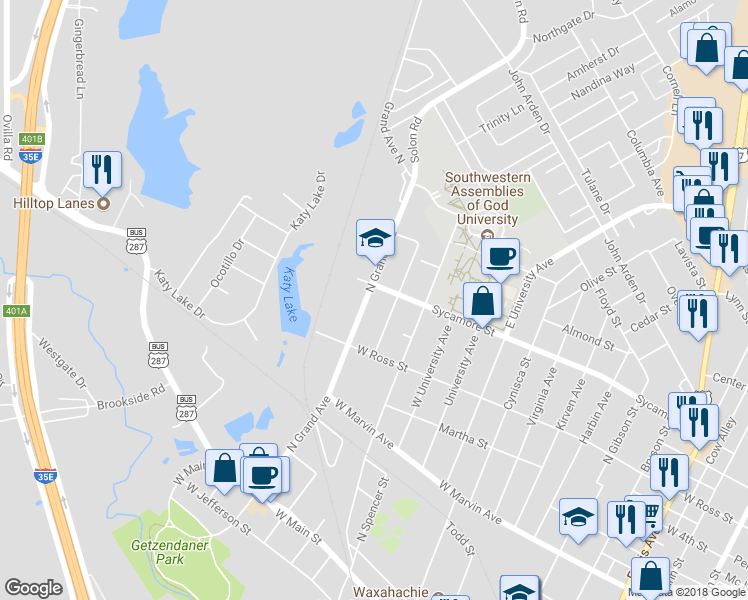 map of restaurants, bars, coffee shops, grocery stores, and more near 522 North Grand Avenue in Waxahachie
