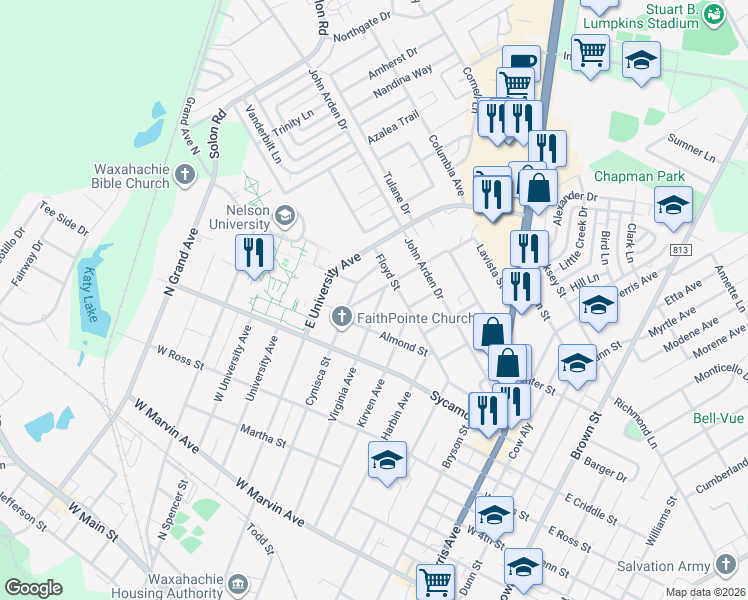 map of restaurants, bars, coffee shops, grocery stores, and more near 517 Virginia Avenue in Waxahachie
