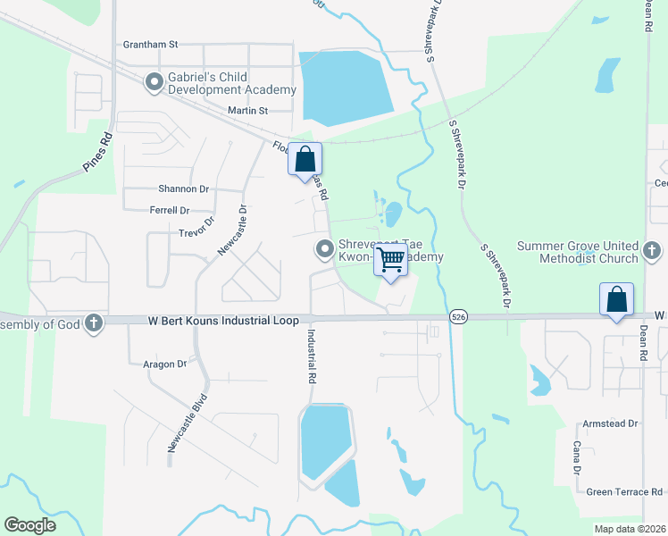 map of restaurants, bars, coffee shops, grocery stores, and more near 9103 Industrial Road in Shreveport