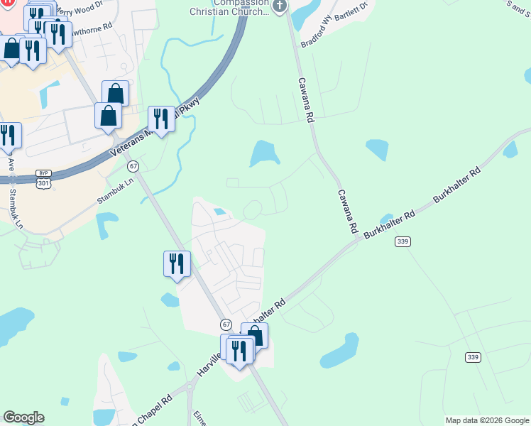 map of restaurants, bars, coffee shops, grocery stores, and more near 1068 Cawana Road in Statesboro