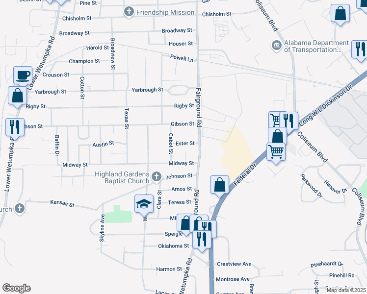 map of restaurants, bars, coffee shops, grocery stores, and more near 2121 Ester Street in Montgomery