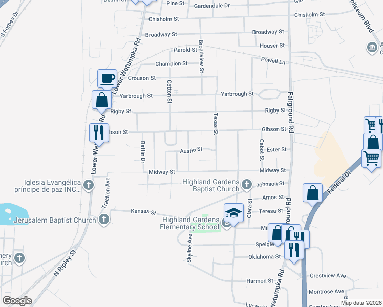 map of restaurants, bars, coffee shops, grocery stores, and more near 1811 Austin Street in Montgomery