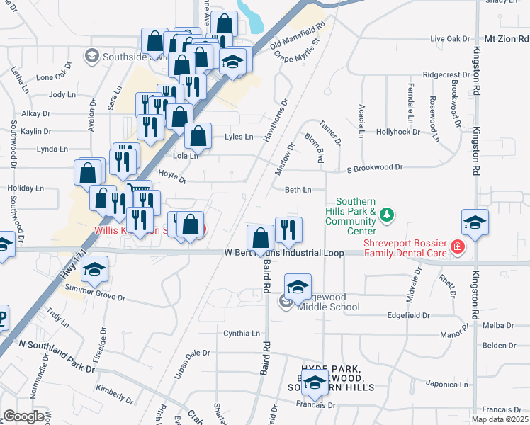 map of restaurants, bars, coffee shops, grocery stores, and more near 9105 Baird Road in Shreveport