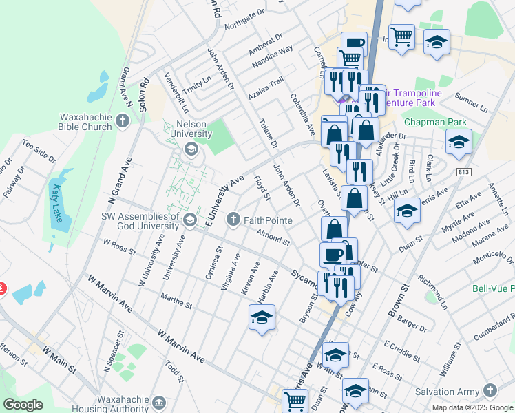 map of restaurants, bars, coffee shops, grocery stores, and more near 519 Virginia Avenue in Waxahachie